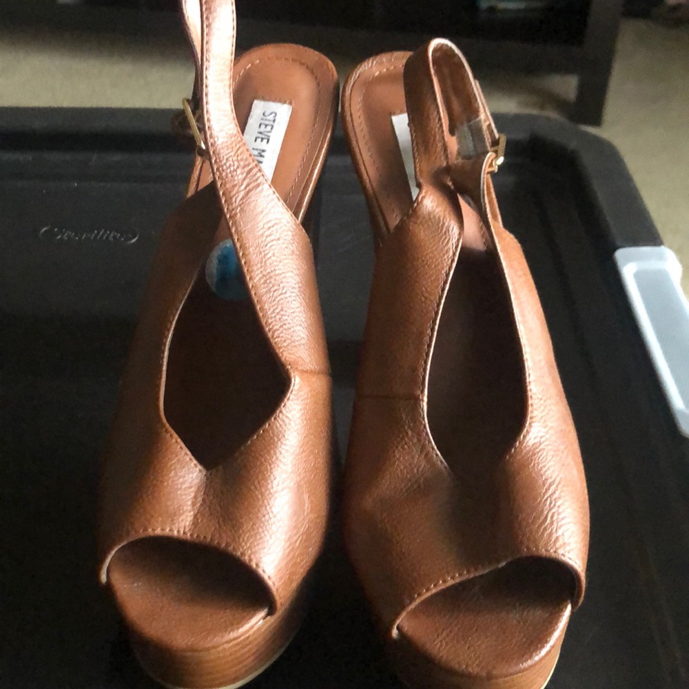 Tan brown platform sling back sandals